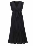 Black Chiffon V-Neck Sleeveless Wrap Pleated Long Dress with Belt