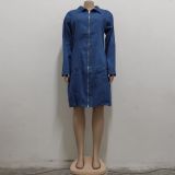 Dk-Blue Zip Up Turndown Collar Long Sleeves Tight Mini Denim Dress