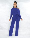 Blue Oblique Shoulder Long Sleeves Jumpsuit with Belt
