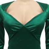 Green Silk V-Neck Long Sleeves Backless Fitted Mermaid Maxi Dress