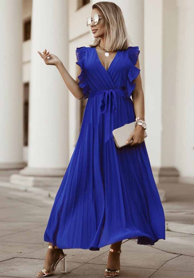 Blue Chiffon V-Neck Sleeveless Wrap Pleated Long Dress with Belt