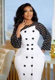 Dot Print White Double-Breasted O-Neck Long Sleeves Irregular Midi Dress