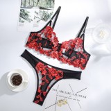 Red Floral Embroidery Black Cami Bra and Panty Lingerie 2PCS Set
