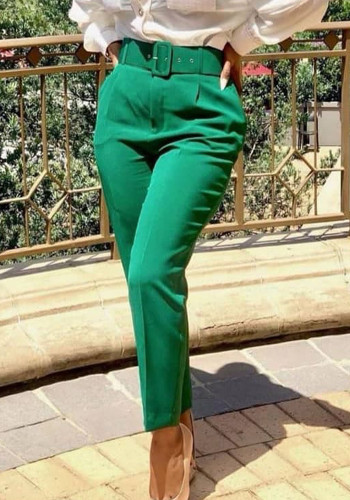 Green Straight High Waist Belte Pants with Pocket