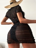 Black Chiffon Short Sleeves Mini Dress and Cami Halter Bikini 3PCS Set