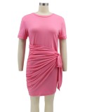 Pink Modest Knotted O-Neck Short Sleeves Mini Shirt Dress
