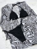 Zebra Print Long Sleeves Long Cardigan and Black Bikini 3PCS Set