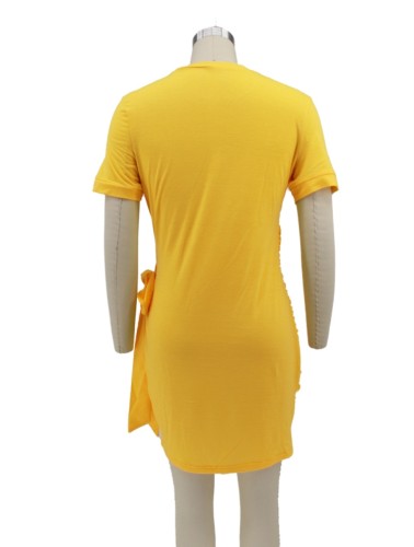 Yellow Modest Knotted O-Neck Short Sleeves Mini Shirt Dress