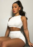 White O-Neck Sleeveless Crop Top and High Waist Tight Shorts 2PCS Set