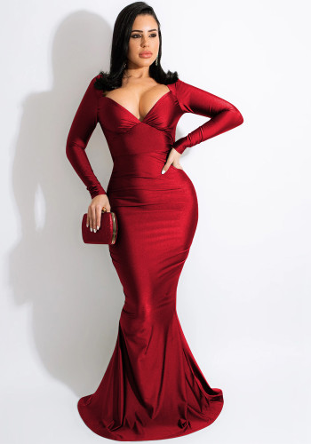 Red Silk V-Neck Long Sleeves Backless Fitted Mermaid Maxi Dress
