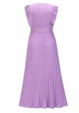 Purple Chiffon V-Neck Sleeveless Wrap Pleated Long Dress with Belt