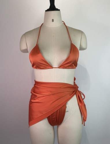 Orange Silk Halter Cami Bikini and Cover-Up Three Piece Set