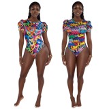 Colorful Heart Print O-Neck Puffed Short Sleeves Bodysuit