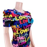 Colorful Graffiti Print O-Neck Puffed Short Sleeves Bodysuit