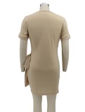 Khaki Modest Knotted O-Neck Short Sleeves Mini Shirt Dress