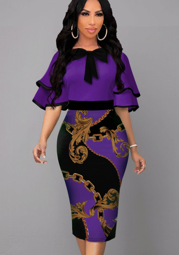 Retro Print Purple Knotted Short Sleeves Ruffle Midi Dress