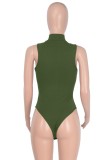 Green Beaded Turtleneck Sleeveless Zippers Bodycon Bodysuit
