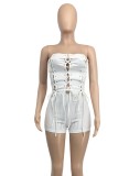 White Hollow Out Lace Up Off Shoulder Sleeveless Rompers