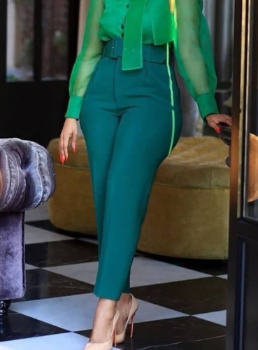 Green Straight High Waist Belte Pants with Pocket