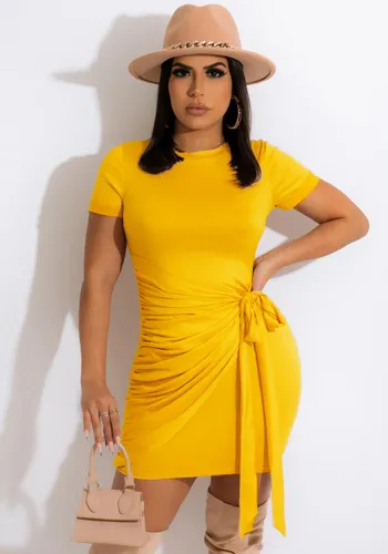 Yellow Modest Knotted O-Neck Short Sleeves Mini Shirt Dress