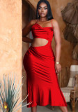 Red Silk Cami Sleeveless Cut Out Ruffles Long Dress