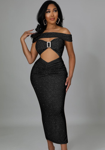 Black Off Shoulder Short Sleeve Hollow Out Bodycon Long Dress