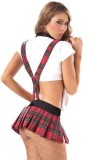 White Short Sleeve Crop Top and Red Plaid Print Suspender Mini Skirt 2PCS Set