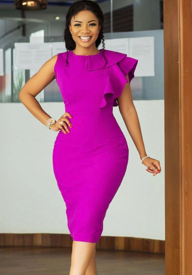 Purple O-Neck Single Shoulder Short Sleeve Midi Office Dress