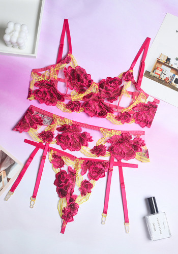 Pink Flower Embroidery Cami Underwear Bra Garter Lingerie 3PCS Set