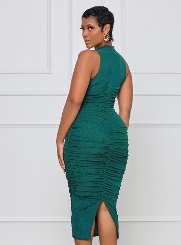 Green Round Neck Sleeveless Ruched Long Dress