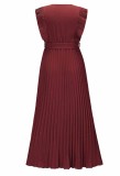 Red Chiffon V-Neck Sleeveless Wrap Pleated Long Dress with Belt
