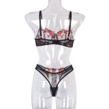 Red Floral Embroidery Black Cami Bra and Panty Lingerie 2PCS Set