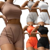 White O-Neck Sleeveless Crop Top and High Waist Tight Shorts 2PCS Set