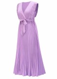 Purple Chiffon V-Neck Sleeveless Wrap Pleated Long Dress with Belt