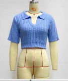 Blue Knitted Turndown Collar V-Neck Short Sleeves Crop Top