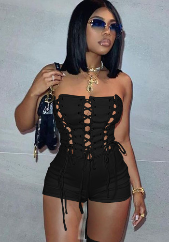 Black Hollow Out Lace Up Off Shoulder Sleeveless Rompers