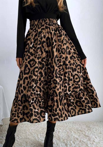 Leopard Print Brown High Waist Elasticated A-Line Long Skirts