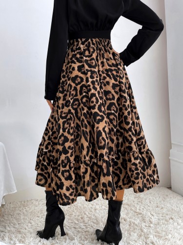 Leopard Print Brown High Waist Elasticated A-Line Long Skirts