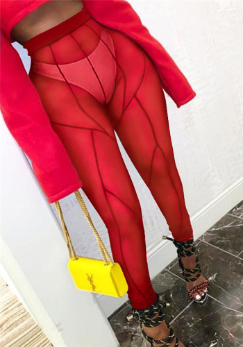 Red High Waist See Through Fitted Sheer Leggings