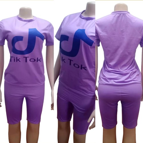 Letter Print Purple O-Neck Short Sleeves Tee and Shorts with Pocket 2PCS Set