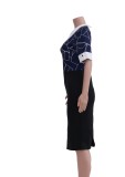 Geommetric Print Turndown Collar Short Sleeves Tight Midi Dress