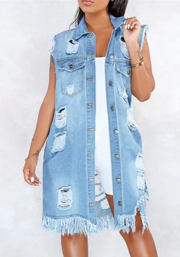 Lt-Blue Button Open Sleeveless Ripped Fringe Long Denim Jacket