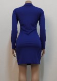 Blue Turndown Collar Long Sleeves Zip Up Skinny Mini Dress