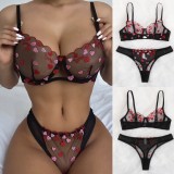 Heart Embroidery Black Cami Bra and Panty Lingerie 2PCS Set