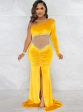 Yellow Beaded Velvet Mesh Patched One Shoulder Single Sleeves Maxi Dress