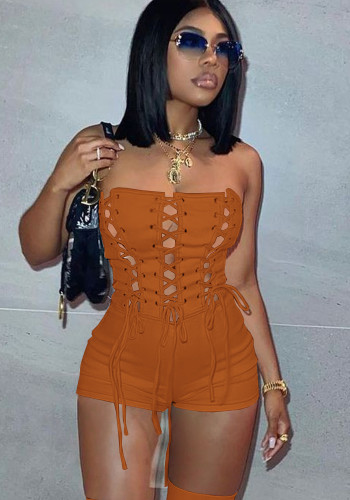 Orange Hollow Out Lace Up Off Shoulder Sleeveless Rompers