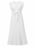 White Chiffon V-Neck Sleeveless Wrap Pleated Long Dress with Belt