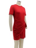 Red Modest Knotted O-Neck Short Sleeves Mini Shirt Dress