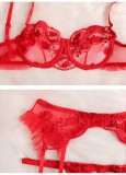 Red Floral Lace Cami Underwear Bra Garter Lingerie 3PCS Set