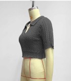 Grey Knitted Turndown Collar V-Neck Short Sleeves Crop Top